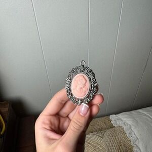 Vintage Style Pink Cameo Pendant Silver Tone Ornate Filigree Frame Profile